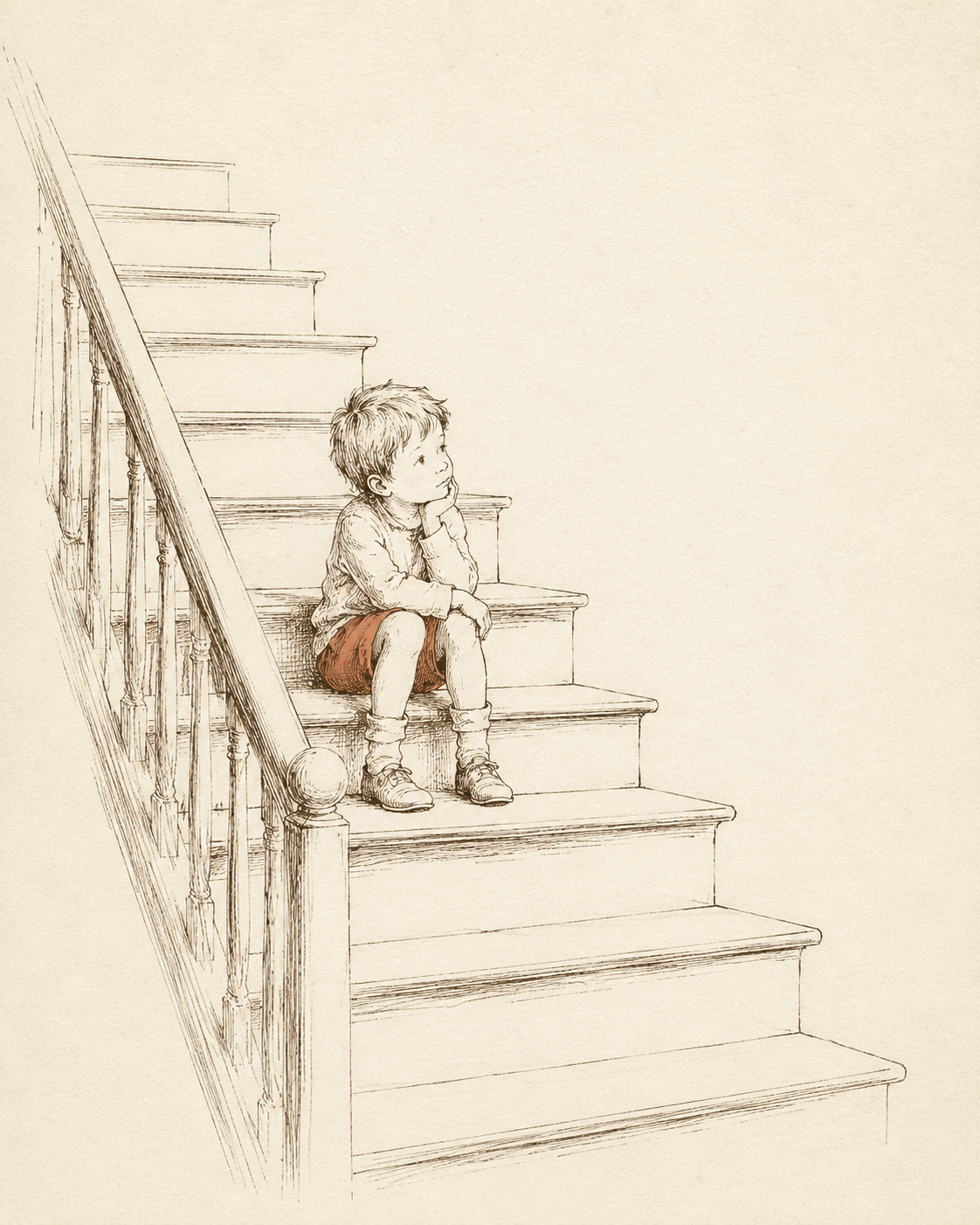 A pen-and-ink illustration of a child sitting halfway down a wooden staircase, chin resting on one hand, lost in thought.
